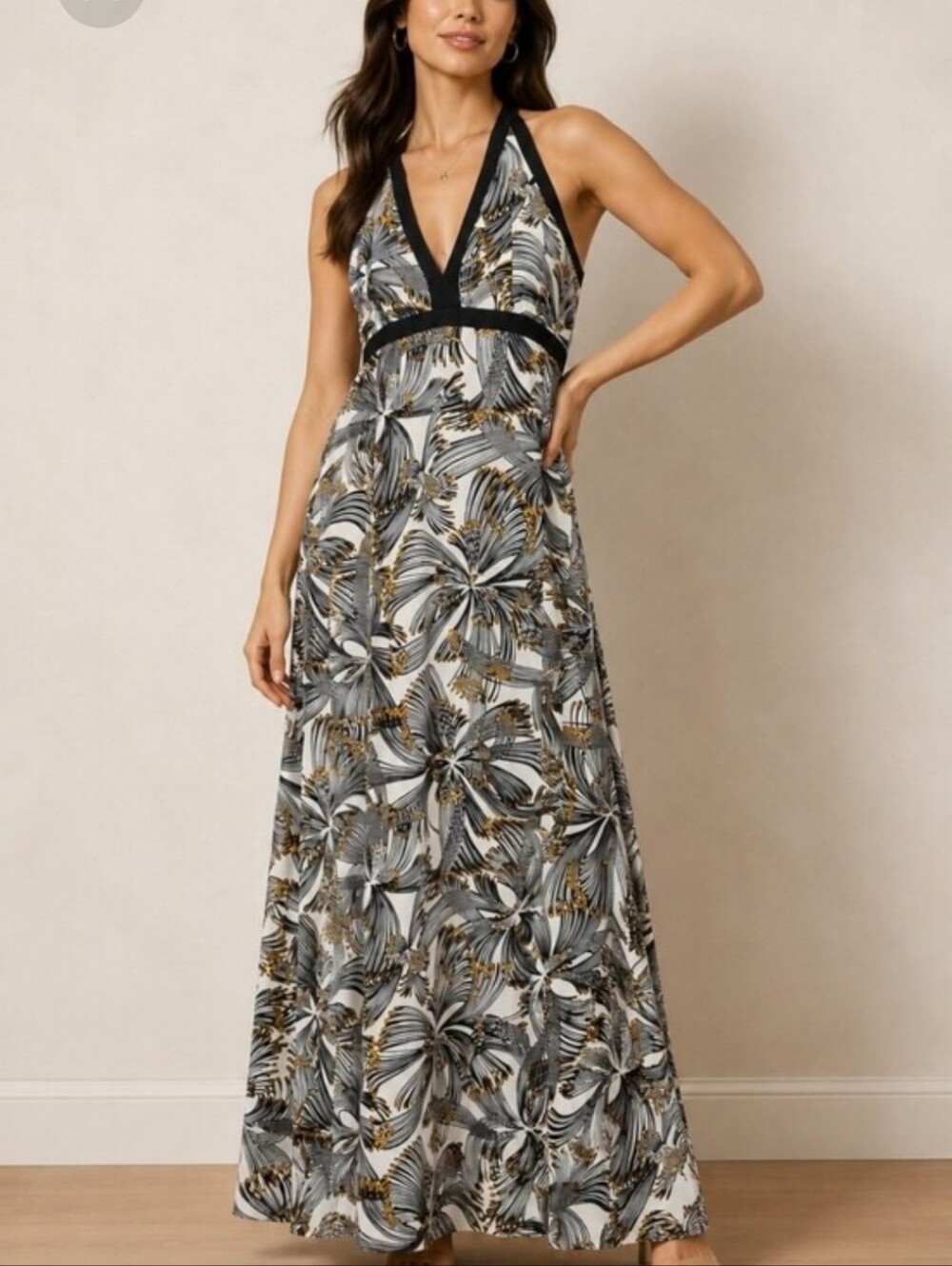 Tori Richard Honolulu Halter Dress 10 Black & White Hawaiian Print